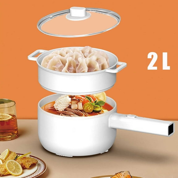LASIEYO Electric Hot Pot with Steamer, 2L Non-Stick Cooking Hot Pot Mini Ramen Noodles Cooker with Dual Power Control and Keep Warm, Suitable for Pasta, Dumplings, Soup, Steak, White