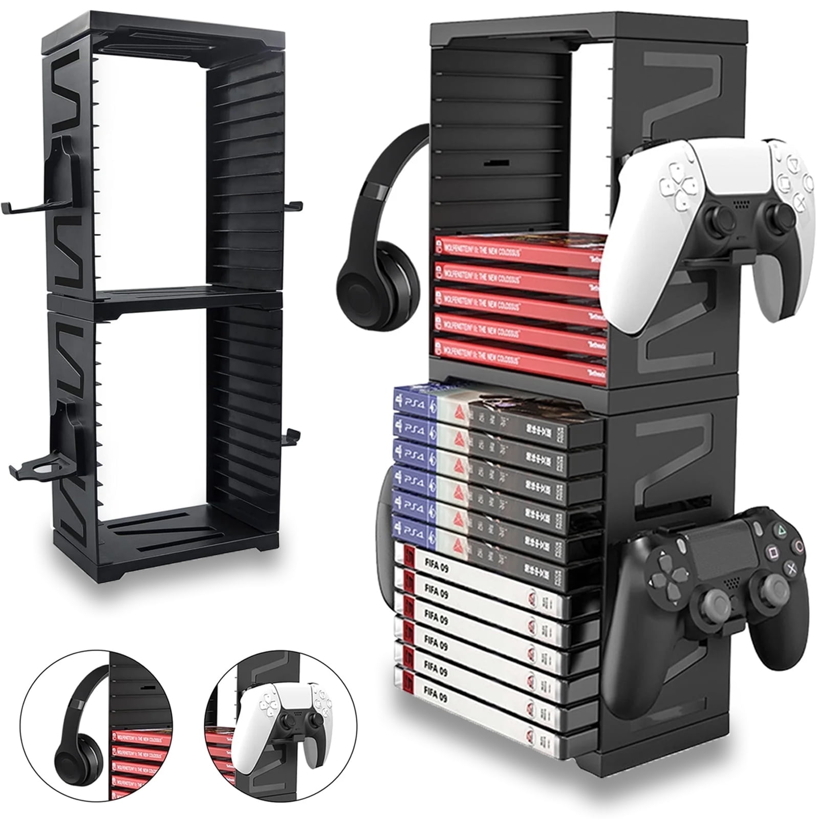 LASIEYO Game Storage Tower for PS5/ PS4/ xBox Series X/S, Universal Video Game DVD Holder Shelf Rack, Holds 24 Disks and 4 Controllers Holders for Nintendo Switch PS5 Playstation 4 Xbox Movies