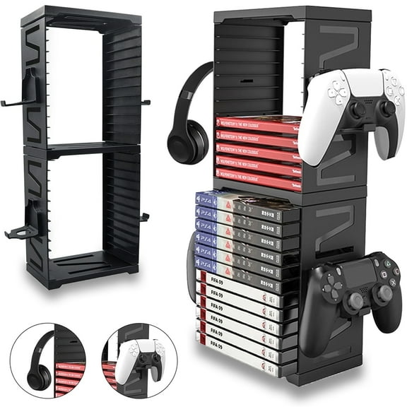 LASIEYO Game Storage Tower for PS5/ PS4/ xBox Series X/S, Universal Video Game DVD Holder Shelf Rack, Holds 24 Disks and 4 Controllers Holders for Nintendo Switch PS5 Playstation 4 Xbox Movies