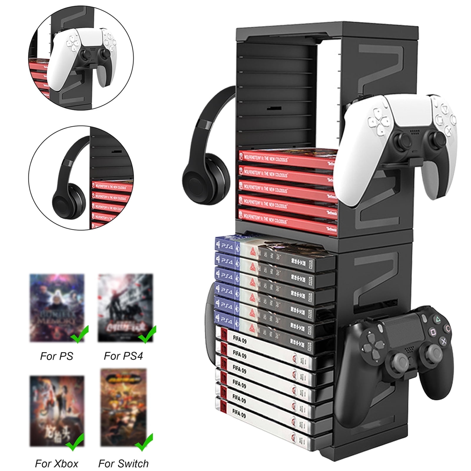 LASIEYO Game Storage Tower for PS5/ PS4/ xBox Series X/S, Universal Video Game DVD Holder Shelf Rack, Holds 24 Disks and 4 Controllers Holders for Nintendo Switch PS5 Playstation 4 Xbox Movies