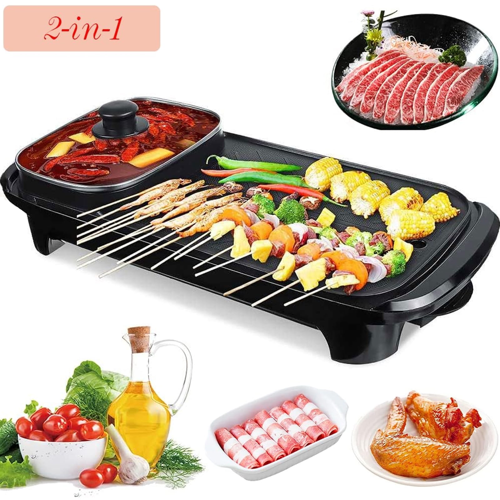 LASIEYO Electric Hot Pot and Grill, 2 in 1 Non-Stick Smokeless Hot Pot and Frying Pan, Temperature Control with 5 Speed, Portable Multifunctional Korean BBQ Grill for Indoor Outdoor Party