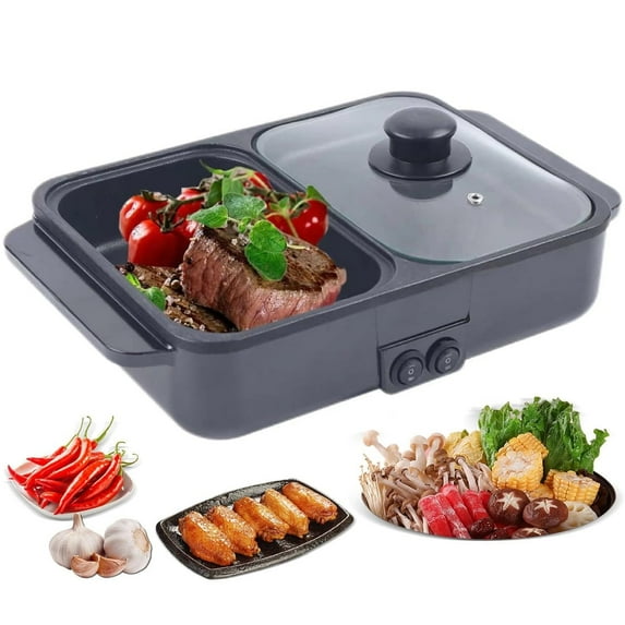 LASIEYO Hot Pot with Grill, 2 in 1 Indoor Non-Stick Electric Hot Pot and Frying Pan, Portable Multifunctional Smokeless Korean BBQ Grill Independent Dual Temperature Control Fast Heating (Black)