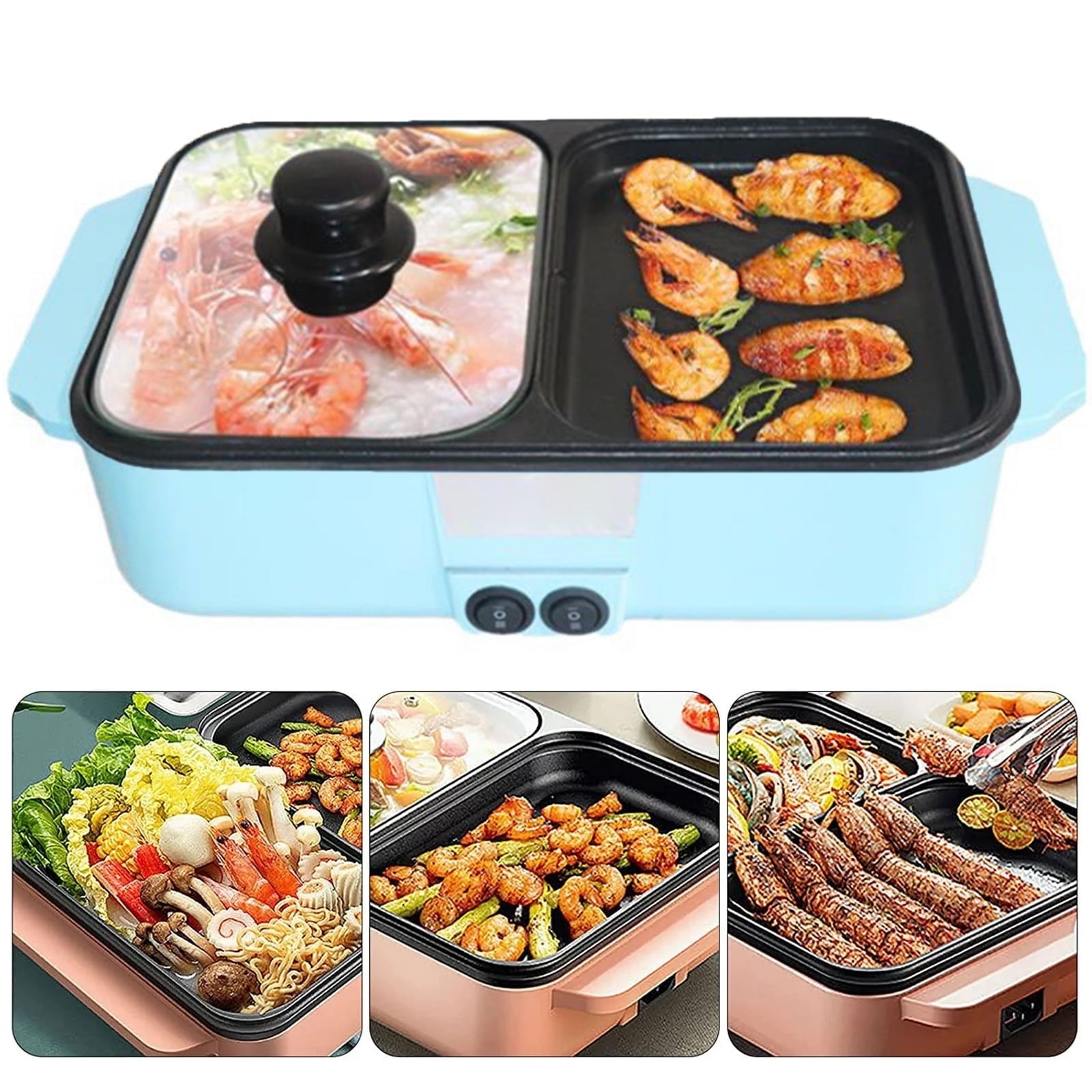LASIEYO Hot Pot with Grill, 2 in 1 Indoor Non-Stick Electric Hot Pot and Frying Pan, Portable Multifunctional Smokeless Korean BBQ Grill Independent Dual Temperature Control Fast Heating (Blue)