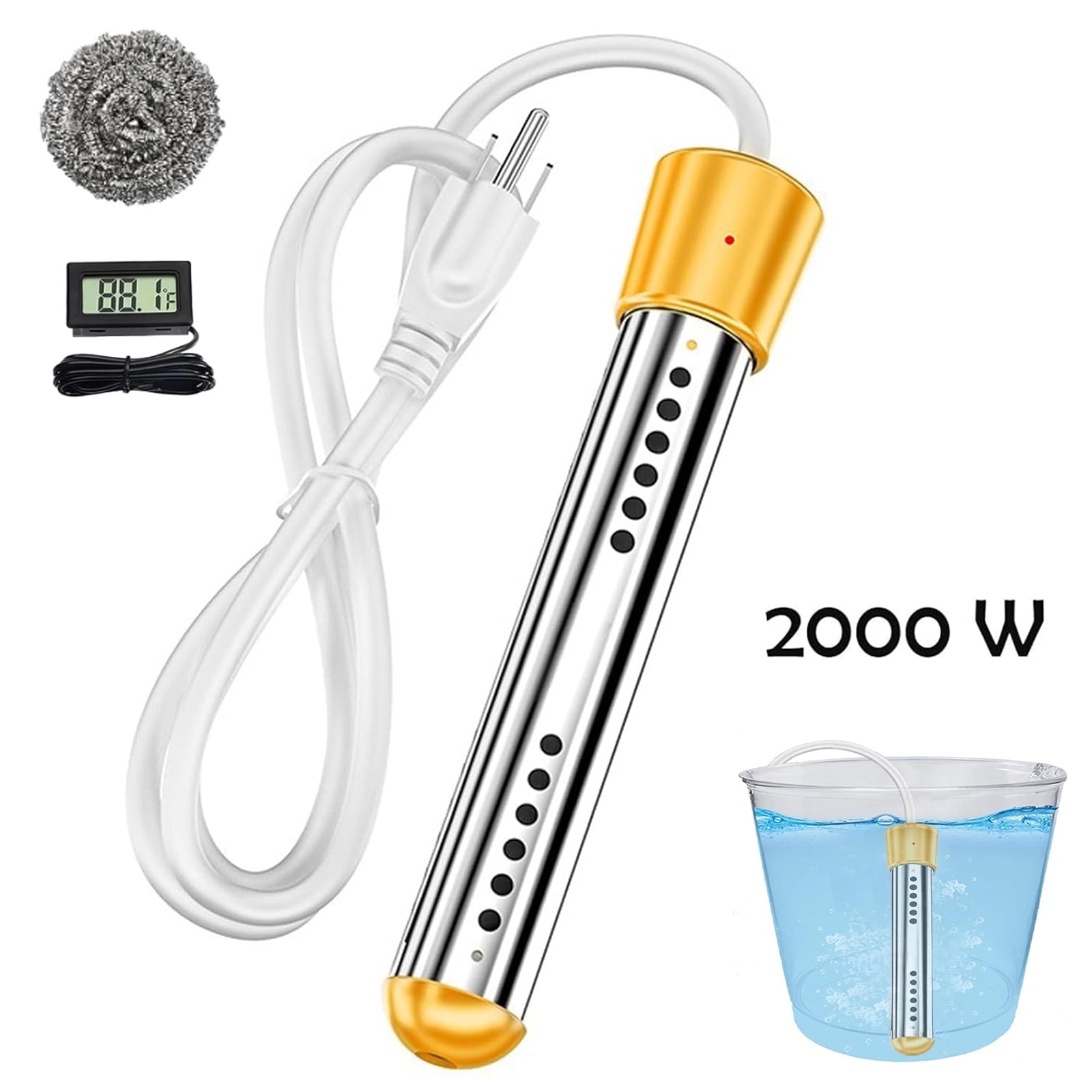 LASIEYO Immersion Water Heater, 2000W Electric Bucket Heater, Stainless-Steel Portable Submersible Water Heater with LCD Thermometer & Wool Scrubber Auto Shut-Off for Inflatable Pool Bathtub, Basin