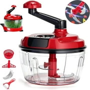 OhhGo Multi-Functional Manual Food Processor, 8 Cup Hand-powered Crank Chopper, Homemade Mincer Blender with Clear Container, for Vegetables Meat Fruits Nuts Herbs Onions With Base, Red