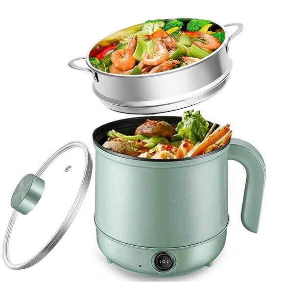 LASIEYO Non-Stick Electric Hot Pot with Steamer, 1.7L Portable Mini Hot Pot Multifunctional Ramen Cooker Rapid Noodles Electric Cooker with Dual Gear Control, Green