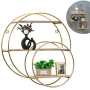 LASIEYO Round Wall Shelf, Wall-Mounted Circular Shelf, Wood & Metal Wall Hanging Shelves Decor for Home Office, Circular Floating Shelves (Gold)