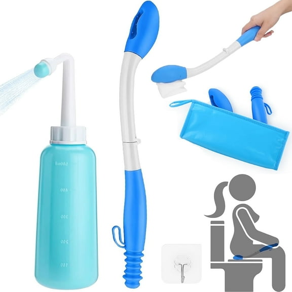 LASIEYO Toilet Aids for Wiping, Long Handle Foldable Extended Reach Wiper Cleaner Bath Brush Tool, Portable Bidet Sprayer Bottle Set with Carrying Bag Hook, Bathroom Personal Care