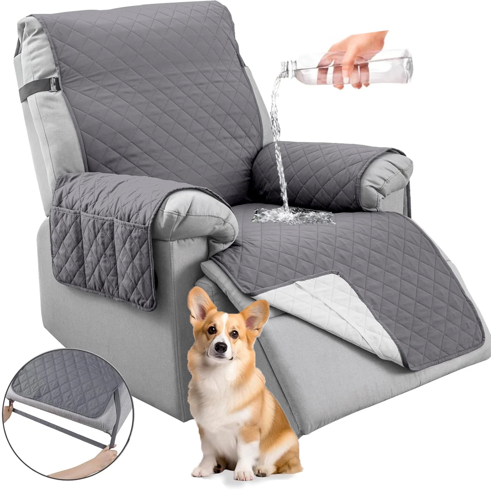 Dark Gray Waterproof Quilted Recliner Cover with Pockets