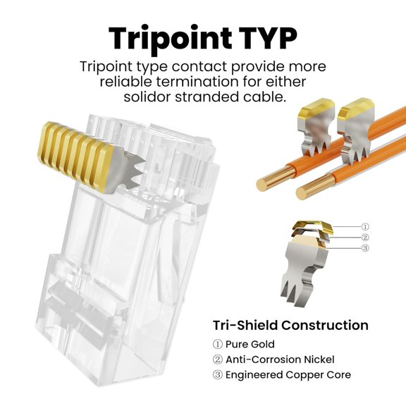 LASJPOB-100-Pack Cat 6 Pass-Through RJ45 Connectors, Gold Plated Cat6 Ends UTP Ethernet Cable Crimp Connectors Compatible with Cat5/Cat5e, Network Modular Plug for Solid or Stranded Wire