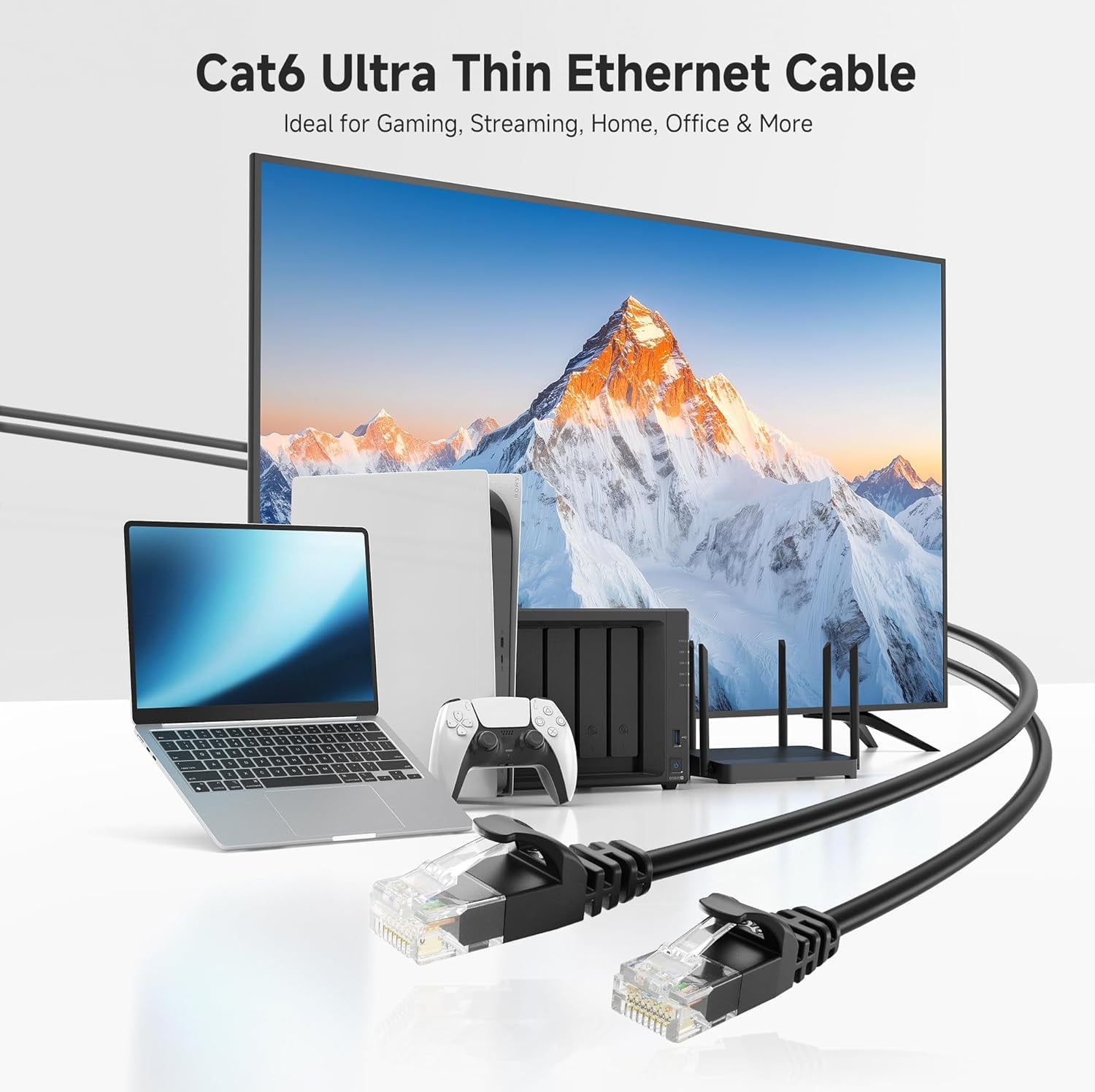 LASJPOB-10Gbps 5-Pack Snagless Short Cat 6 Ethernet Cable - 3ft, Slim Profile Cat 6 Cable, Cat6 Cord, Thin Ethernet Cord, Black