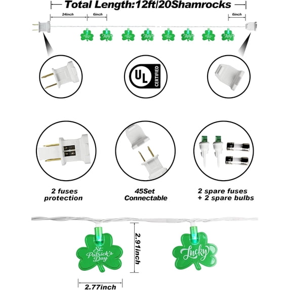 LASJPOB-12FT St Patricks Day String Lights - 20 LED Shamrock Lights ...