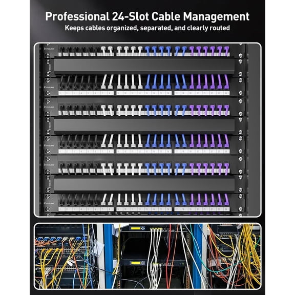 LASJPOB-1U Server Rack Cable Management 24-Slot, 19" Carbon Steel Horizontal Network Cable Management for Network Cabinet, All-Metal Black 1 Pack