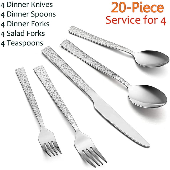 LASJPOB-20-Piece Hammered Silverware Set, Stainless Steel Square Flatware Set Service for 4, Tableware Cutlery Set Includes Forks Spoons Knives, Modern Design & Mirror Finish - Dishwasher Safe