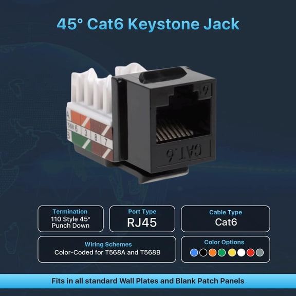 LASJPOB-5 Pack Cat6 Keystone Ethernet Wall Jacks RJ45 Punch Down Slim Profile UTP Black, 45 Degree for Patch Panel & Wall Plate, Supports Up to 10Gbps