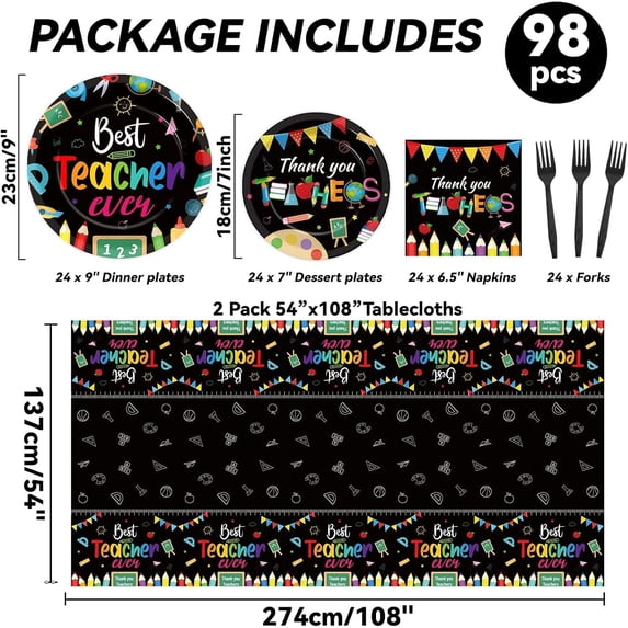 LASJPOB-98 Pcs Teacher Appreciation Party Decorations Thank You Teachers Paper Plates and Napkins Decorations Appreciation Tablecloths Dessert Tableware Set for School Graduation Party Supplies