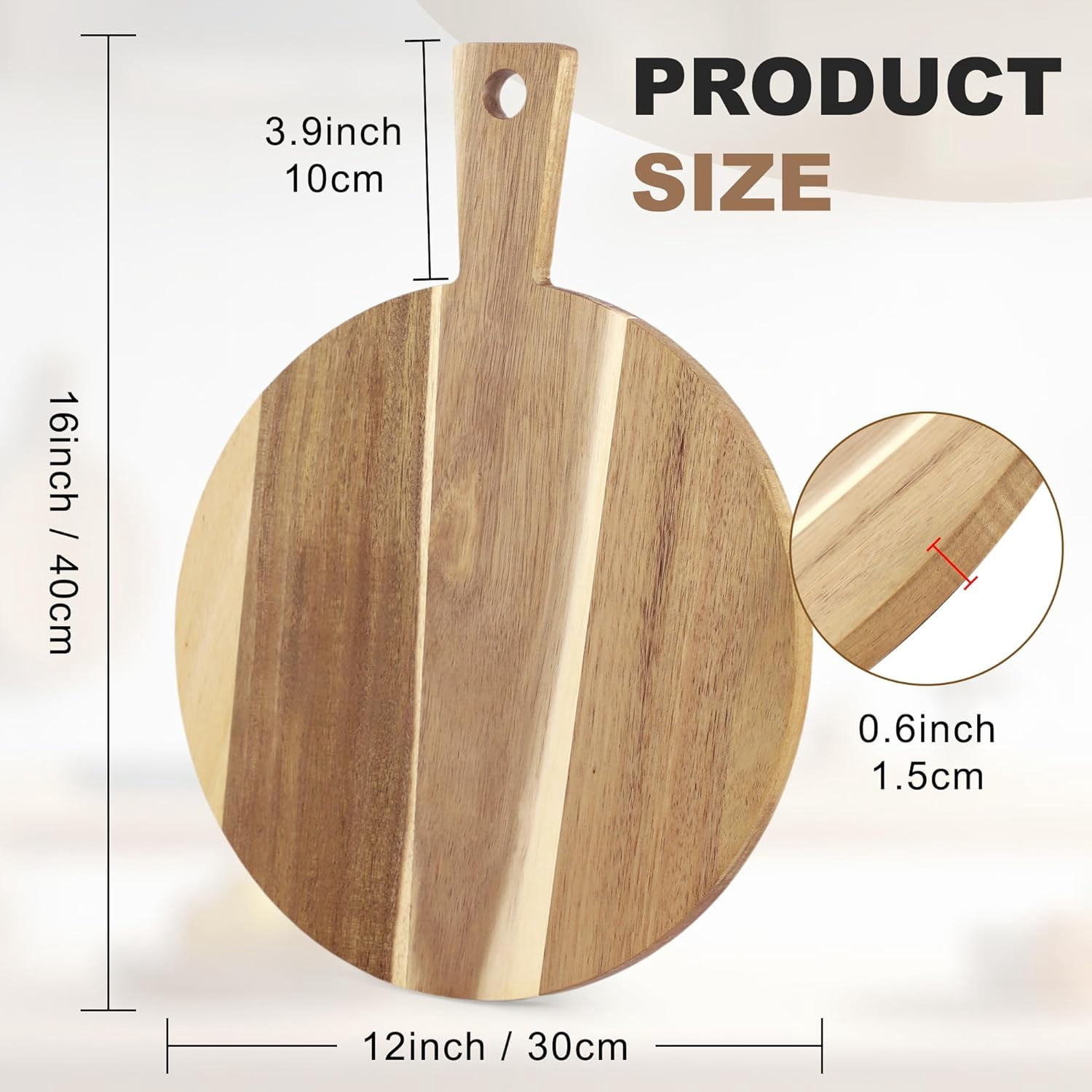 LASJPOB-Acacia Round Cutting Boards, 12 Inch Acacia Wood Round Cutting Boards with Handle, Wooden Pizza Board for Bread, Meat