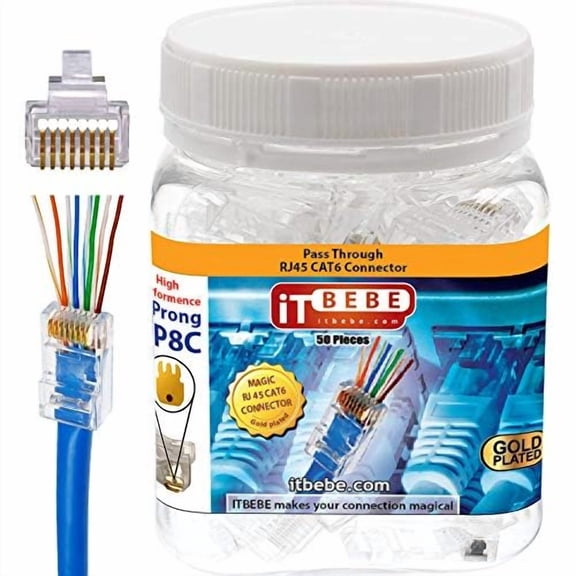 LASJPOB-ITBEBE 50 Pieces RJ45 Cat6 Pass Through Connectors - Gold Plated Transparent Passthrough Ethernet Insert Crimp Connector UTP Network Plug for 24 AWG Cables