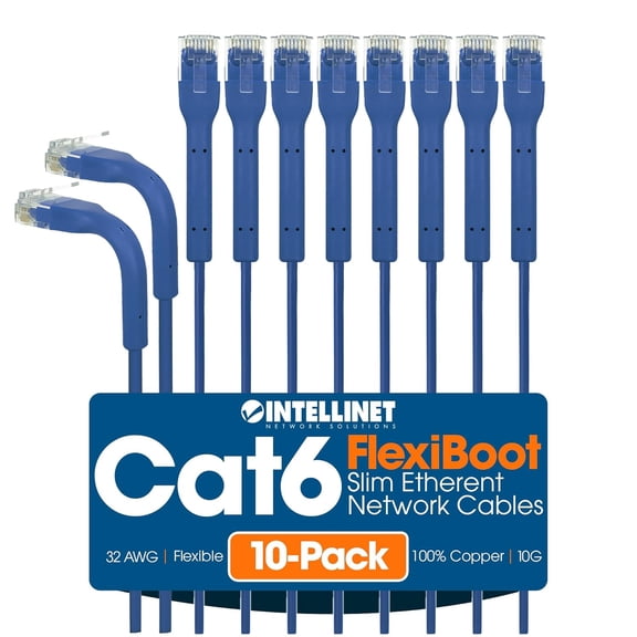 LASJPOB-Intellinet FlexiBoot Slim Cat6 Ethernet Network Patch Cable 10-Pack - 10Gbps & 250MHz, Flexible Bendable Boot, 32AWG Pure Bare Copper Wire, Gold-Plated Contacts - 1ft, Blue
