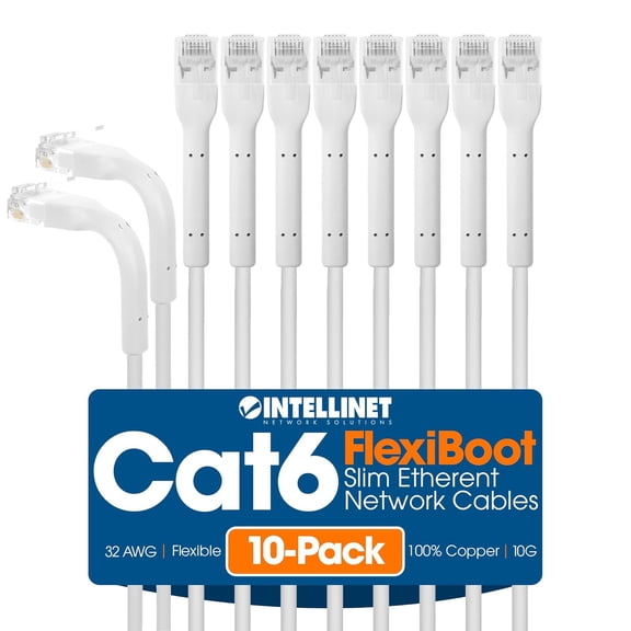LASJPOB-Intellinet FlexiBoot Slim Cat6 Ethernet Network Patch Cable 10-Pack - 10Gbps & 250MHz, Flexible Bendable Boot, 32AWG Pure Bare Copper Wire, Gold-Plated Contacts - 1ft, White