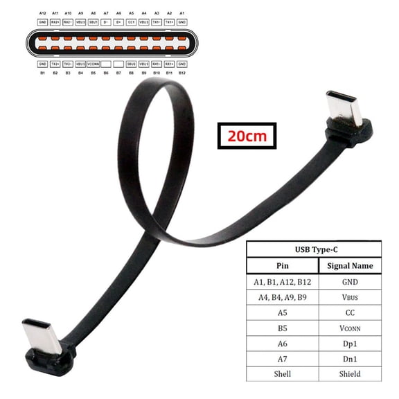 LASJPOB-Short USB2.0 Data Cable 7.87in Ultra Slim Flat USB-C Type C to USB-C Power Angled Connector 65W Fast Charge for Laptop Tablet Phone 20cm