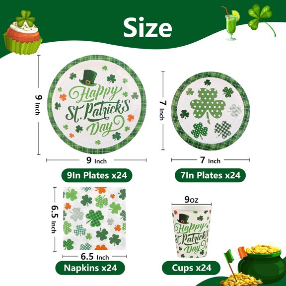 LASJPOB-St Patricks Day Decorations Party Supplies Set for 24-Disposable Paper Plates and Napkins, Cups, Happy St. Patrick's Day Shamrocks Tableware Celebration Party Decor for Outside, Picnic
