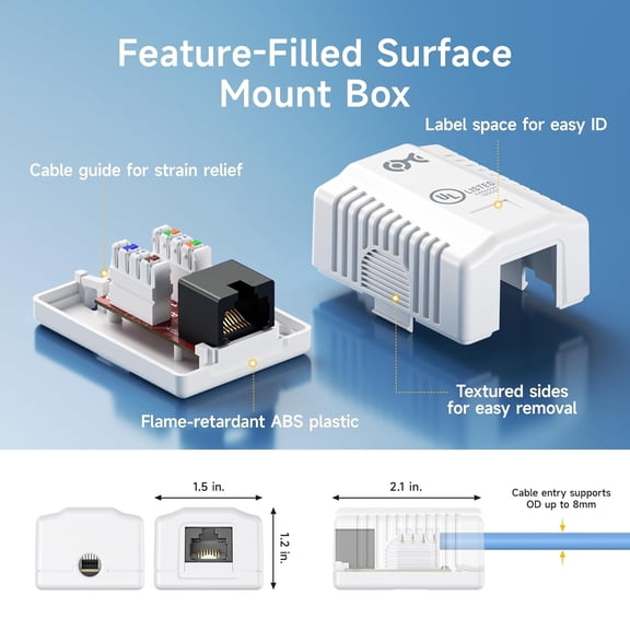 LASJPOB-UL Listed Cat6 5-Pack RJ45 Surface Mount Box - 1 Port in White (Cat6 Ethernet Mount Box)