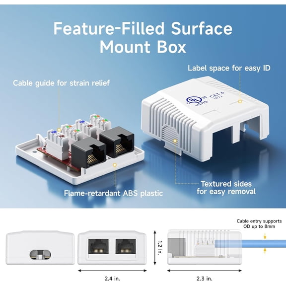 LASJPOB-UL Listed Cat6 5-Pack RJ45 Surface Mount Box - 2 Port in White (Cat6 Ethernet Mount Box)
