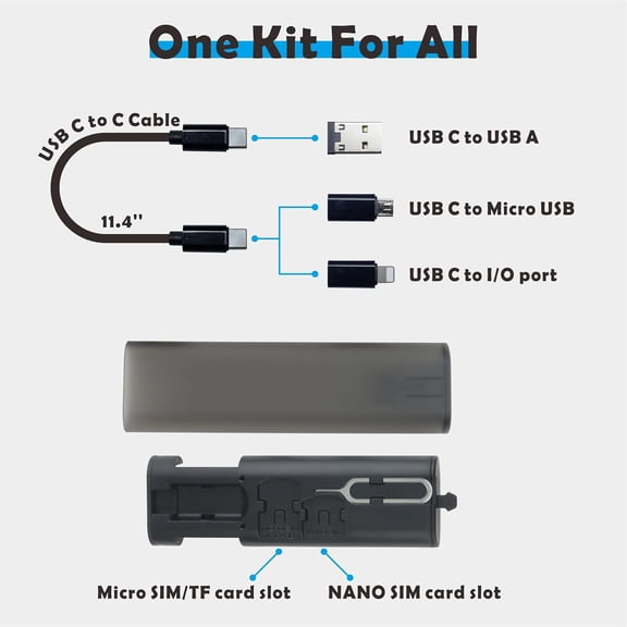LASJPOB-USB Type C to C Charging and Data Transfer Cable with 3 Adapters Combination Set in Tube Case, Translucent Black