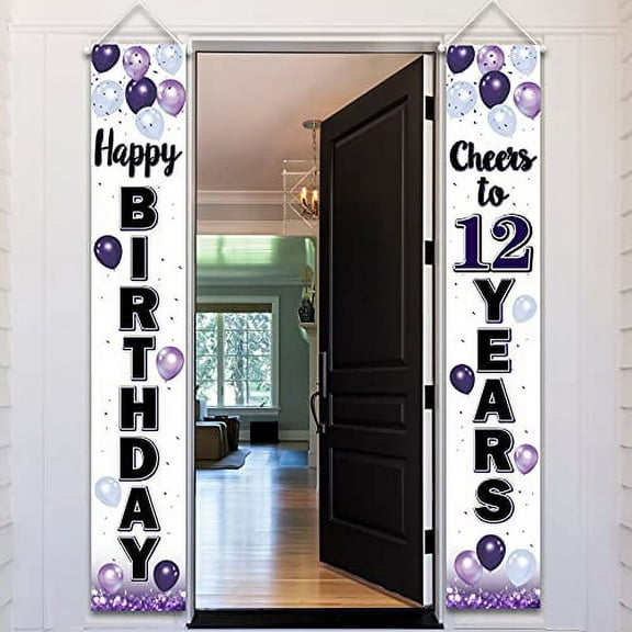 LASKYER Happy 12th Birthday Purple Door Banner - Cheers to Twelve Years Old Children Birthday Front Door Porch Sign Backdrop,12th Birthday Party Decorations.