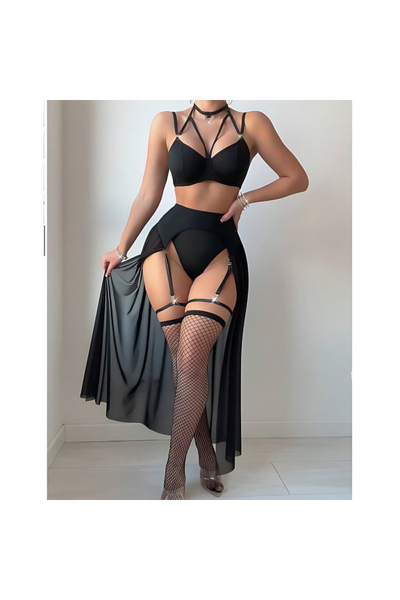 Women’s Long Sheer Overlay Dress with Strappy Design – Fashion Evening Party Dress, Black (Size: L)