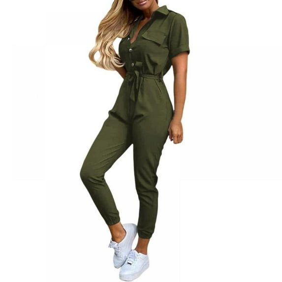 LAST CLANCE SALE! Jumpsuits for Women Elegant Short Sleeve Button Down Casual Long Wide Leg Pants with Belt, Army Green, L