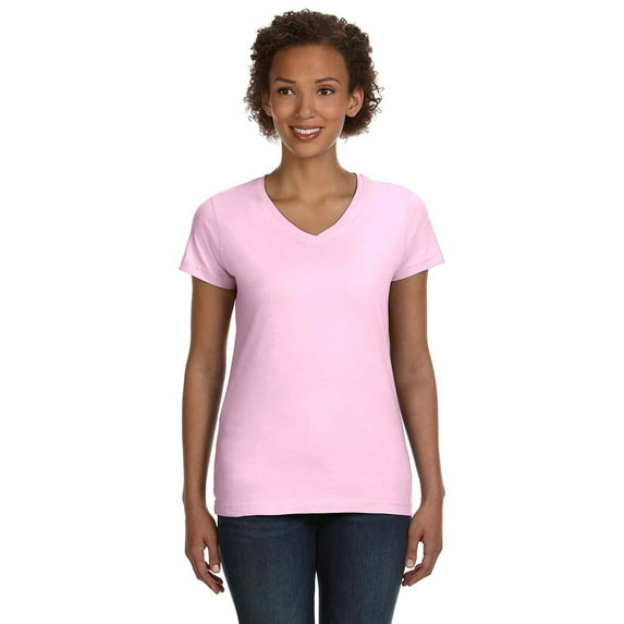 LAT 3507 Ladies V-Neck Longer Length T-Shirt - Pink - Small