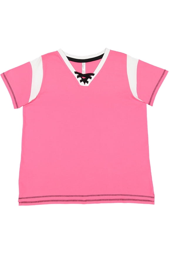 Ladies' Curvy Gameday Lace Up T-Shirt - HT PNK/ WHT/ BLK - 26-28