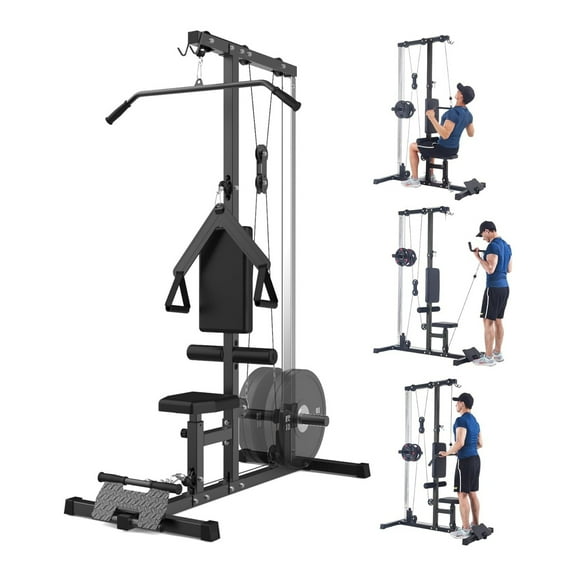 LAT Power Cable Machine, LAT Pull Down Machine with High and Low Pulley Station and Adjustable Leg Support, Back Exercise Equipment for Home Gym Body Strength Training