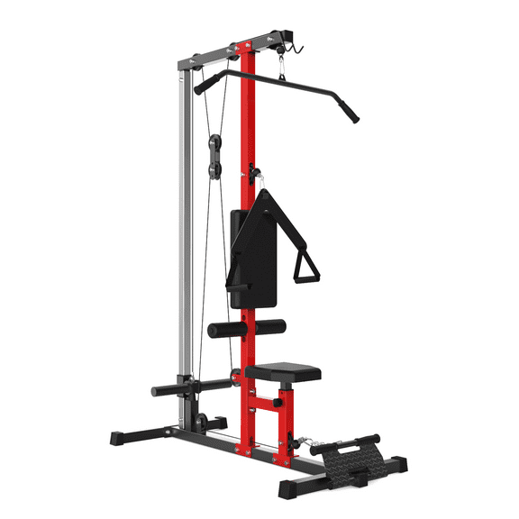 LAT Pull Down Machine Wall Mounted with Dual Pulley Cable System for Full Body Workout, 400LBS Capacity, 20 Adjustable Heights, Compact Home Gym Strength Training Equipment, Black and Red