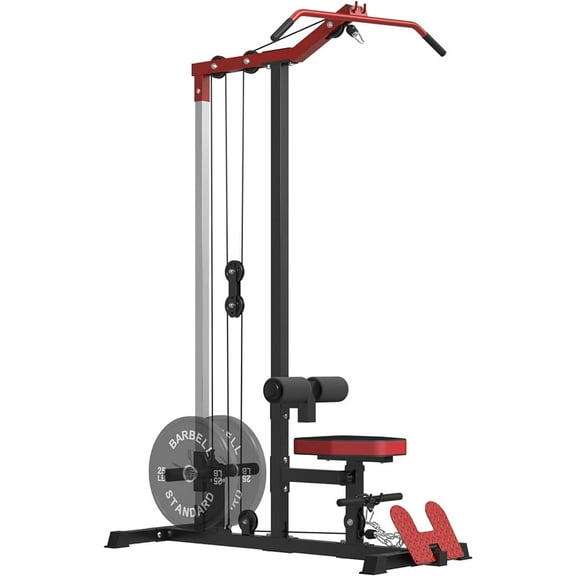 LAT Tower, LAT Pull Down and LAT Row Cable Machine with Flip-Up Footplate, High and Low Pulley Station , Home Gym Back Exercise Weight Machine