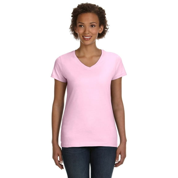 LAT Women 100% Cotton Jersey V-Neck Short Sleeve Tee (3507) Pink, L