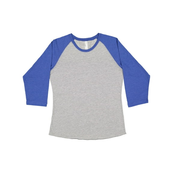 LAT Women Fine Jersey Raglan 3/4 Sleeve Baseball Tee (3530) Vintage Heather/Vintage Royal, M
