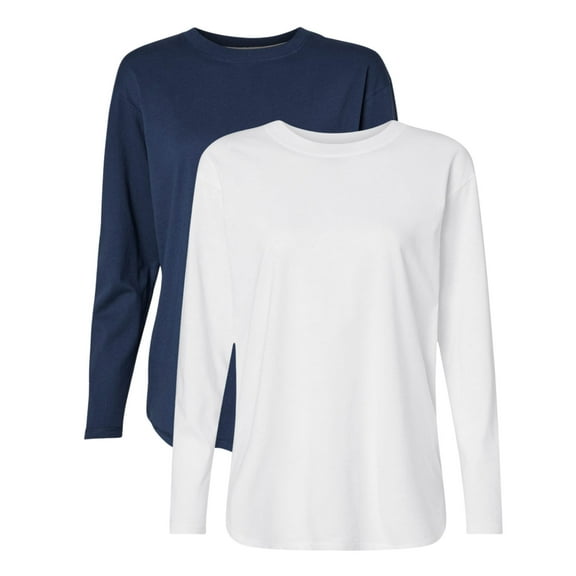 LAT Women’s Heavyweight Long Sleeve T-Shirt 100% Ring-Spun Cotton Crewneck Relaxed Casual Tee (Denim+White 2 Pack, M)