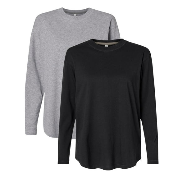 LAT Women’s Heavyweight Long Sleeve T-Shirt 100% Ring-Spun Cotton Crewneck Relaxed Casual Tee ( Heather+Black 2 Pack, M)