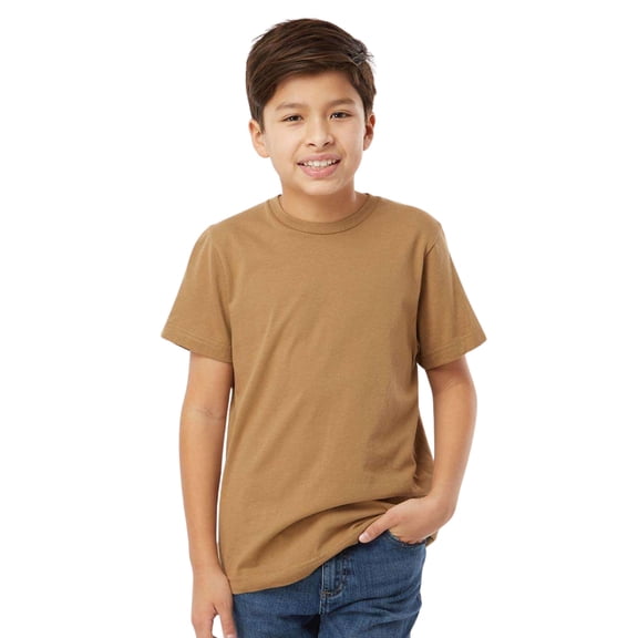 LAT Youth Short Sleeve Fine Jersey Tee, 100% Ring-Spun Cotton Breathable Kids T-Shirt (Coyote-Brown, L)