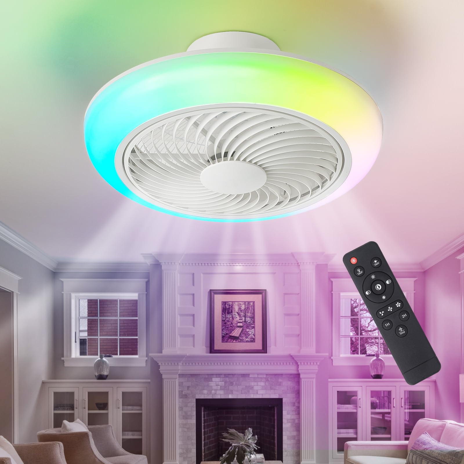 LATATA Ceiling Fan with Lights RGB Stepless Dimming Light 3 Color Low Profile Ceiling Fan with