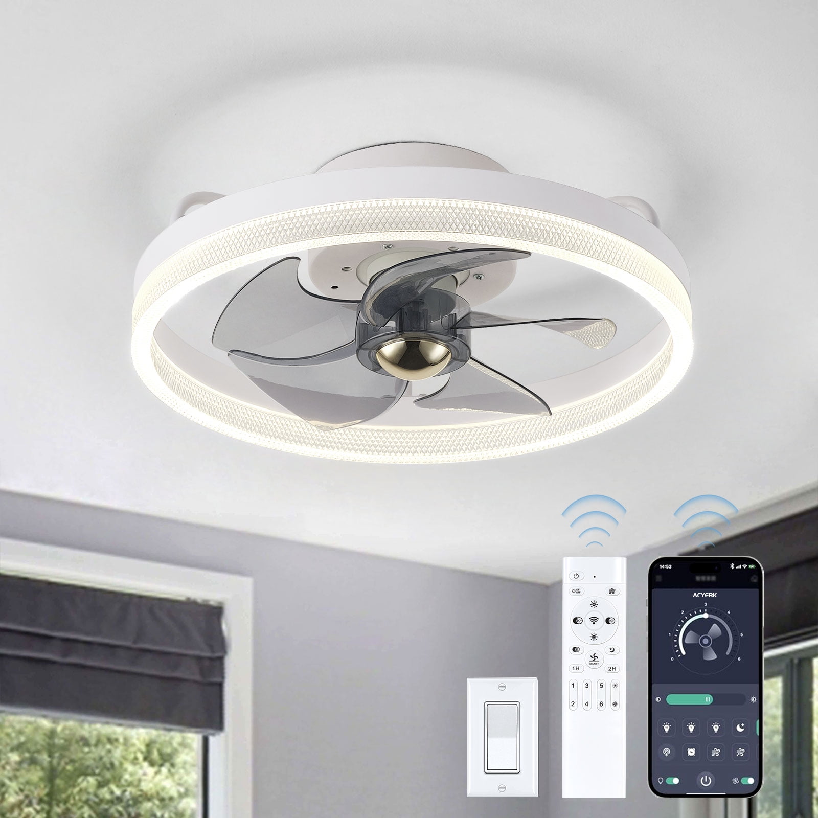 Modern Low Profile Ceiling Fan With Light - 23.62" White Dimmable Flower Shape, Remote & App Control, 6 Speeds