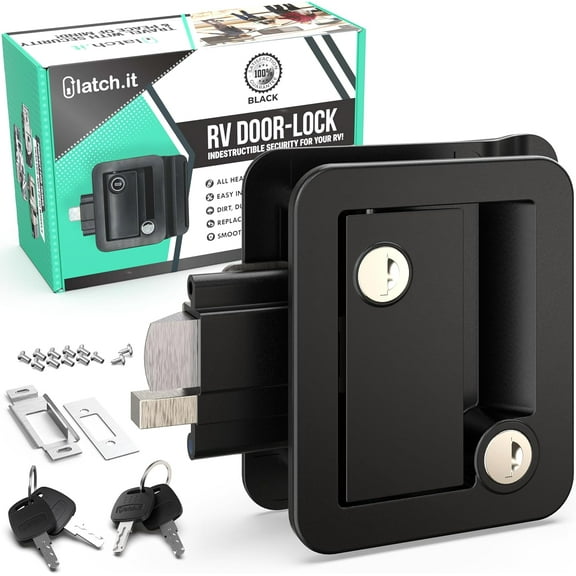 LATCH.IT Black RV Door Lock Replacement | All Metal RV Door Handle Fits 2.75"x3.75" Holes | Camper Door Lock | RV Latch | Camper Lock Replacement | RV Door Latch for Trailers, Fifth Wheels & More