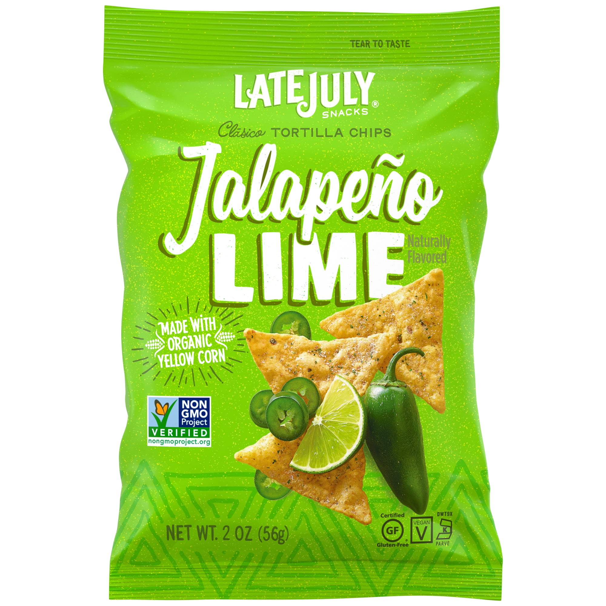 LATE JULY Snacks Clásico Jalapeño Lime Tortilla Chips, 2 oz. Snack Pack