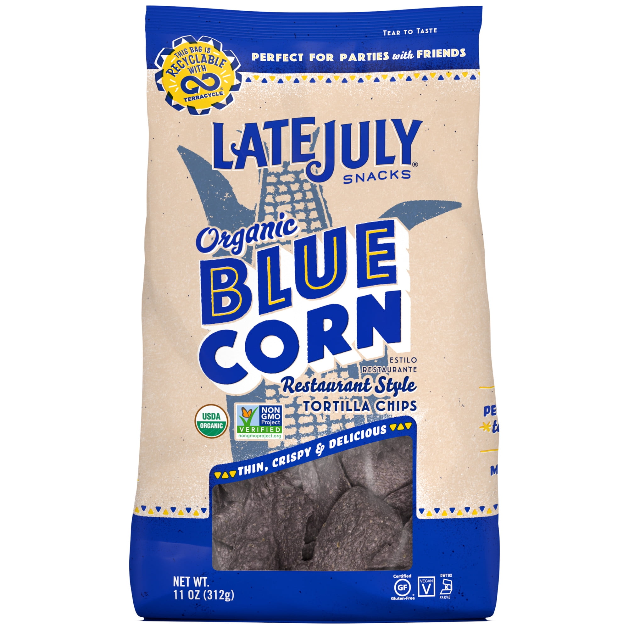 LATE JULY Snacks Restaurant Style Blue Corn Tortilla Chips, 11 oz. Bag