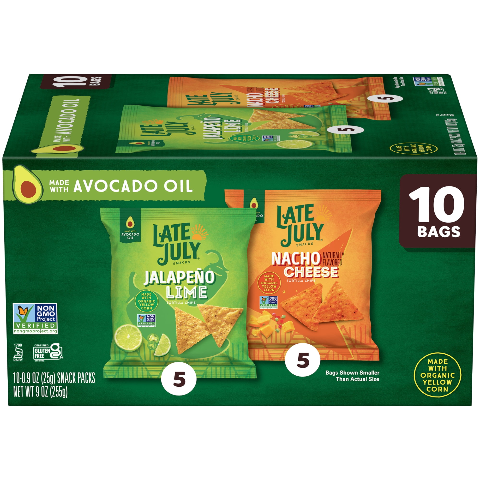 LATE JULY Snacks Variety Pack Tortilla Chips, 0.9 oz 10 Count Snack Bags