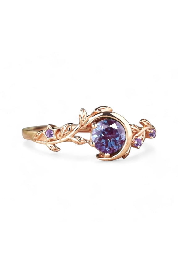 6MM Round Alexandrite Promise Ring / 1.5 Ct Color Changing Gemstone / Nature - Inspired Twig Leaf Ring / Rose Gold Plated Jewelry for Women / June Birthstone