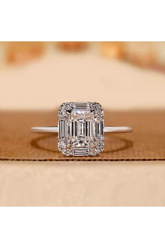 Emerald Cut Diamond Ring Women, Antique Halo Engagement Ring White Gold, Customize Wedding Ring, Anniversary Gift